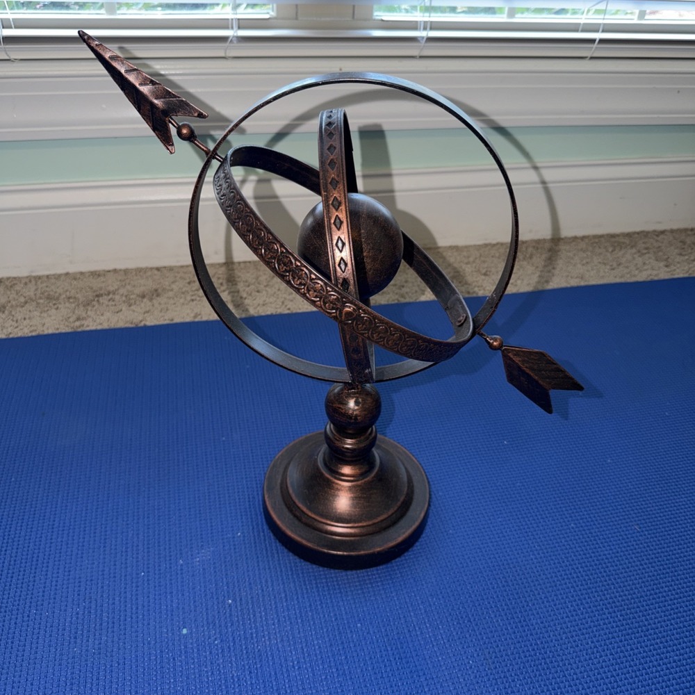Armillary Sphere Globe with arrow Metal Orb Art Deco Man on Metal Pedestal, 14"